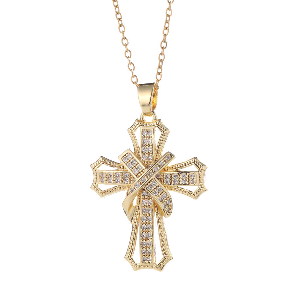 Wholesale Copper Electroplated Zircon Cross Pendant Necklace For Women Fashion Jewelry Accessory Gift