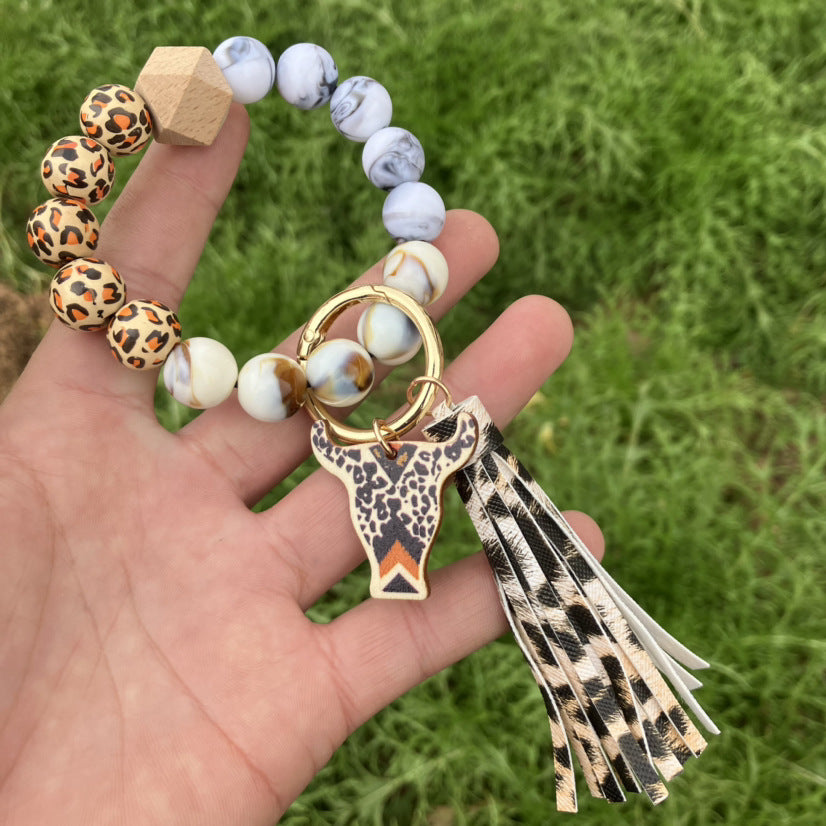 Wholesale Chic Leopard Print Silicone Bead Bracelet Keychain With Cross Tassel Stylish Bag Charm Or Everyday Wear