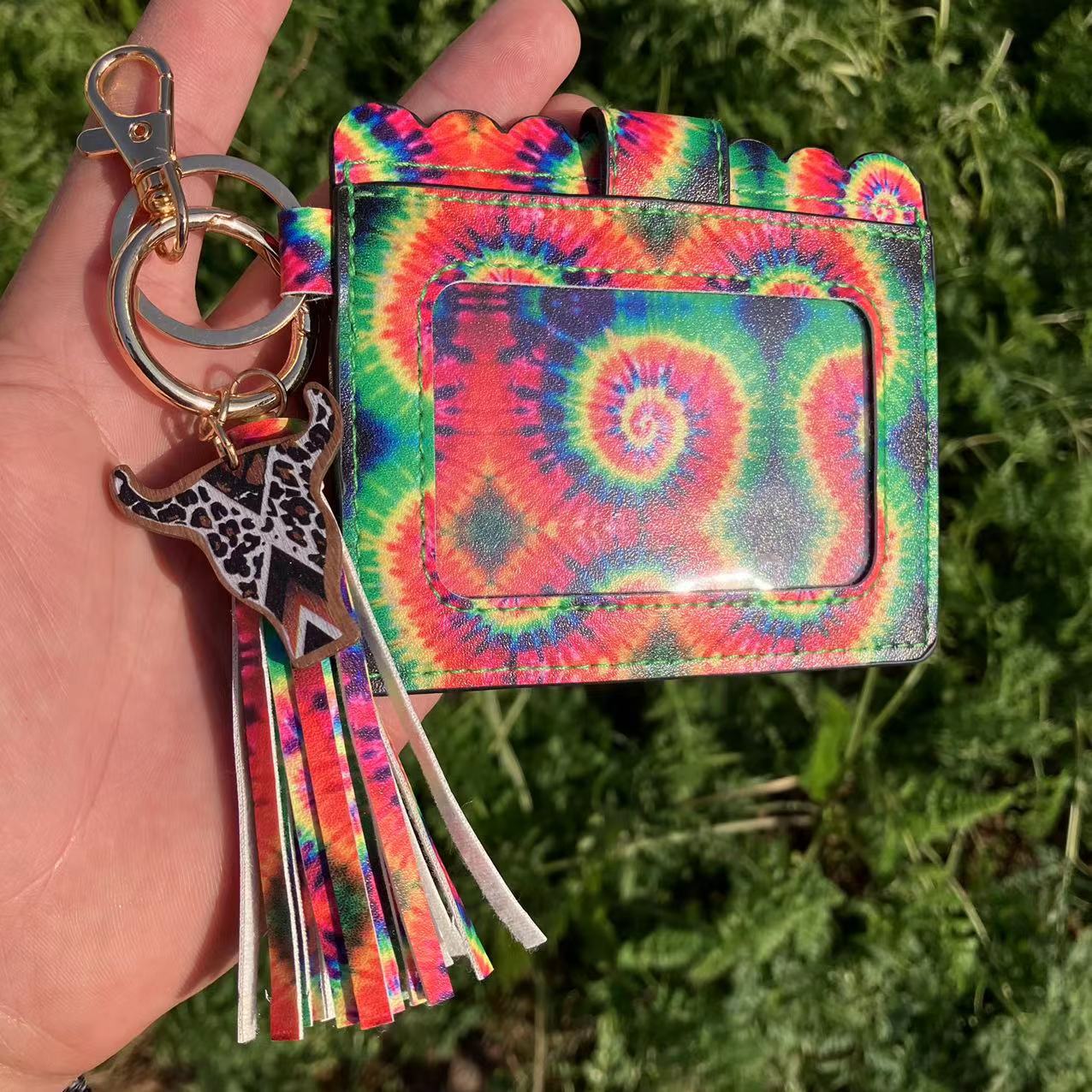 Wholesale Western Style Butterfly Rose Flower Cow Head Leather Card Holder Tassel Keychain ACCVIP-KC-QiuXue003