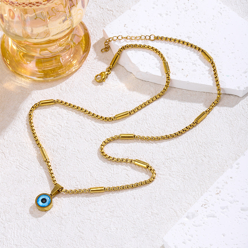 Wholesale European Style Blue Evil Eye Round Pendant Necklace,  Titanium Steel Electroplated Jewelry Accessory for Gift or Resale