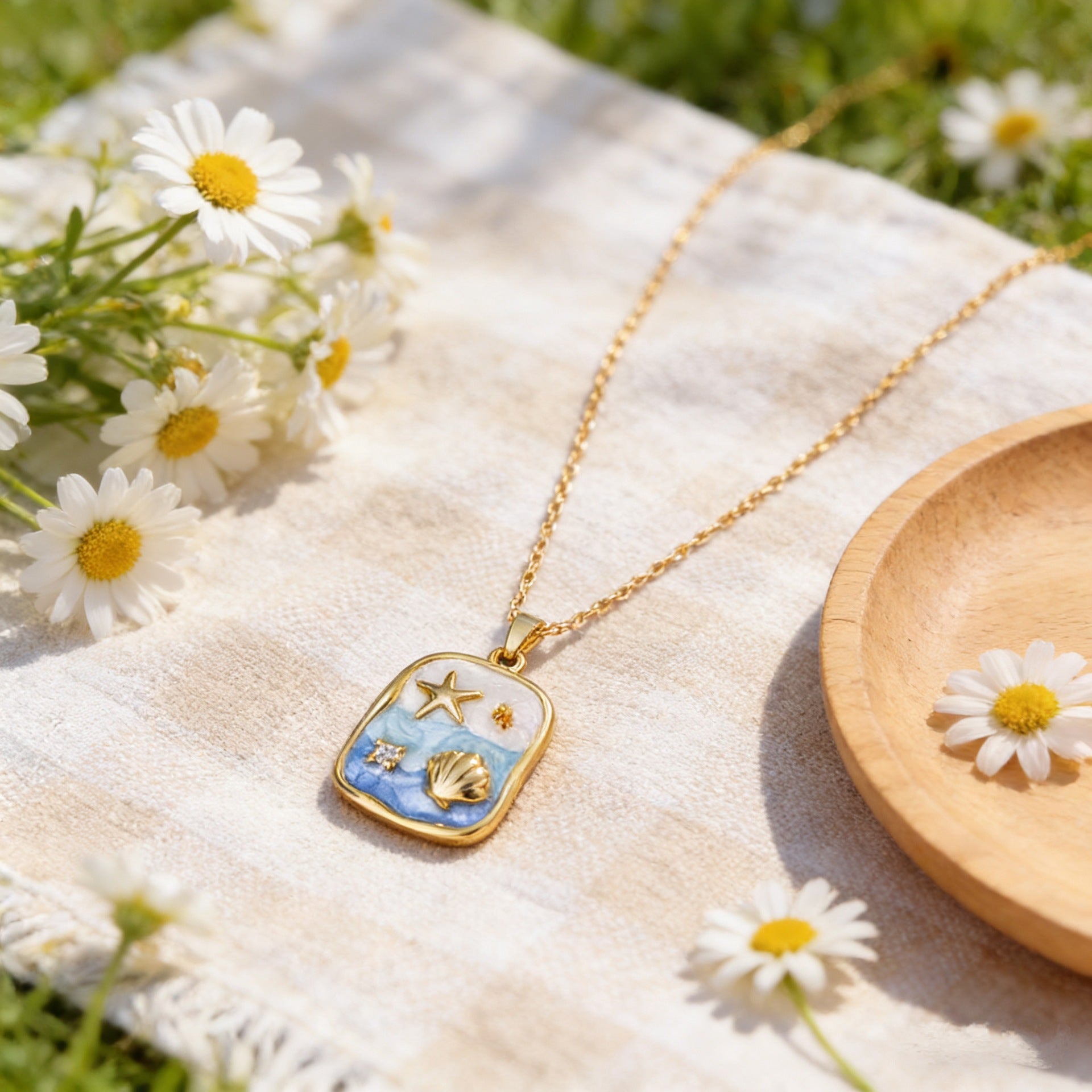 Wholesale Ocean Series Oil Painting Drip Enamel Painted French Diamond-Inlaid Clavicle Necklace