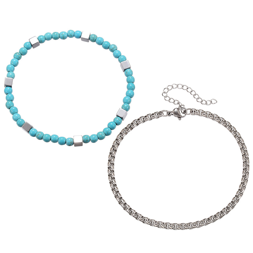 Wholesale Turquoise Black Gallstone Double Layer Bracelet Bohemian Style Trendy Jewelry Accessory Gift