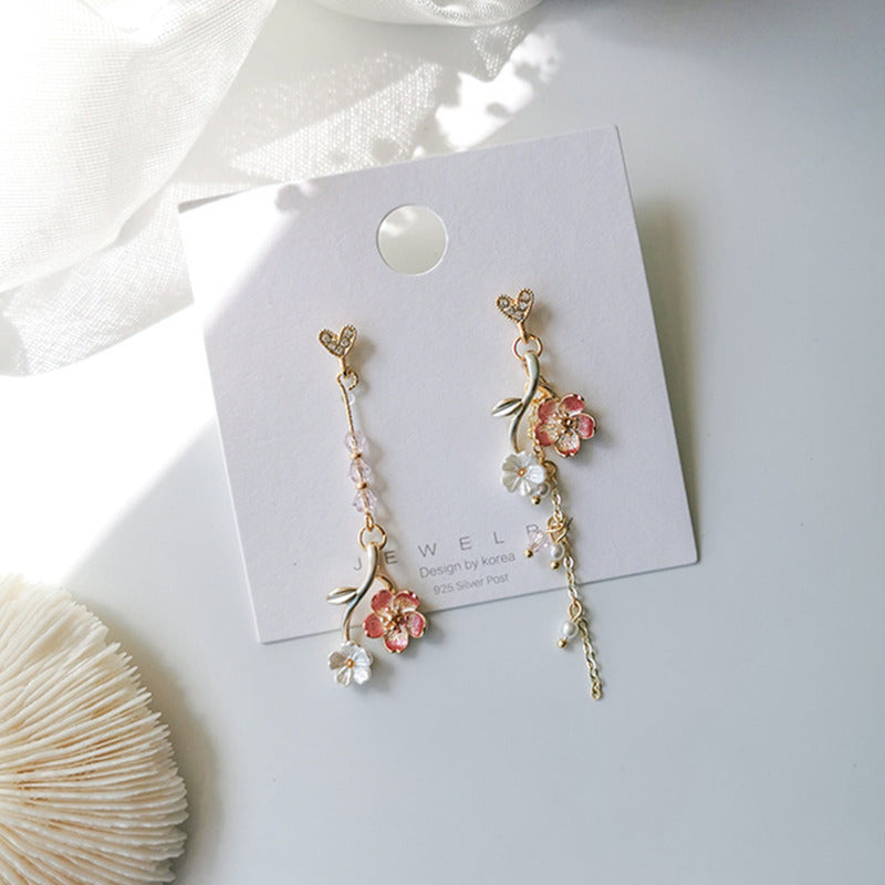 Wholesale Love Cherry Blossom Asymmetrical AB Long Tassel Rhinestone Oil Earrings