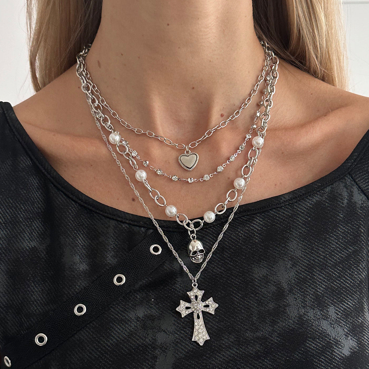 Wholesale Diamond Cross Stacked Clavicle  Heart Skull Pendant Necklace
