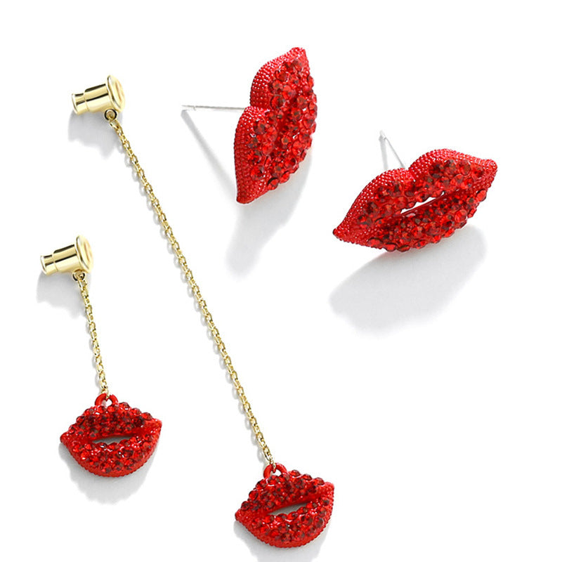 Wholesale light luxury diamond red lip earrings
