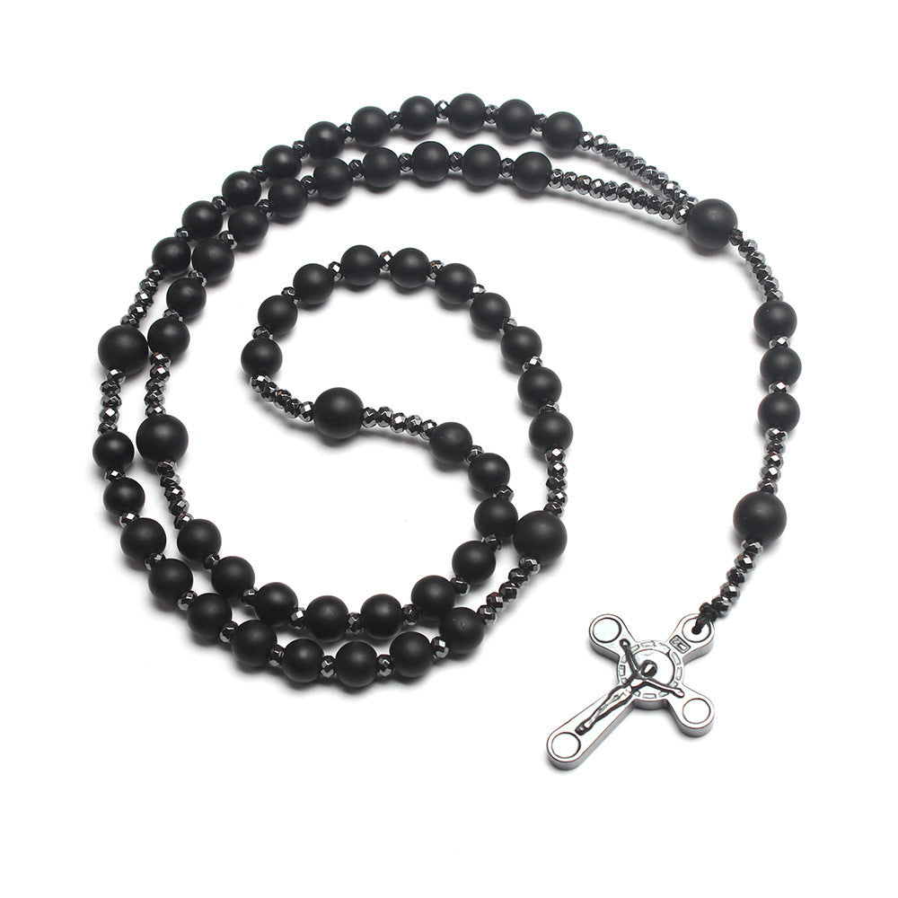 Wholesale  black agate round beads black gallstone cross  long sweater chain