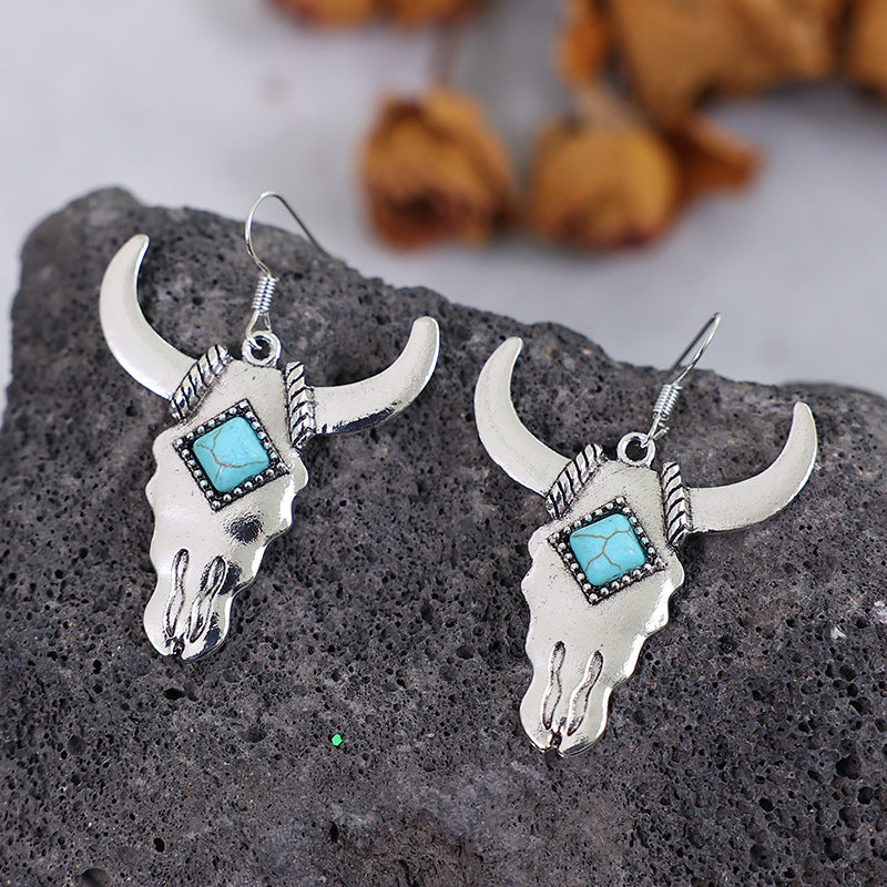Wholesale Western Style Cow Head Turquoise Alloy Earrings ACC-ES-SaiPu003