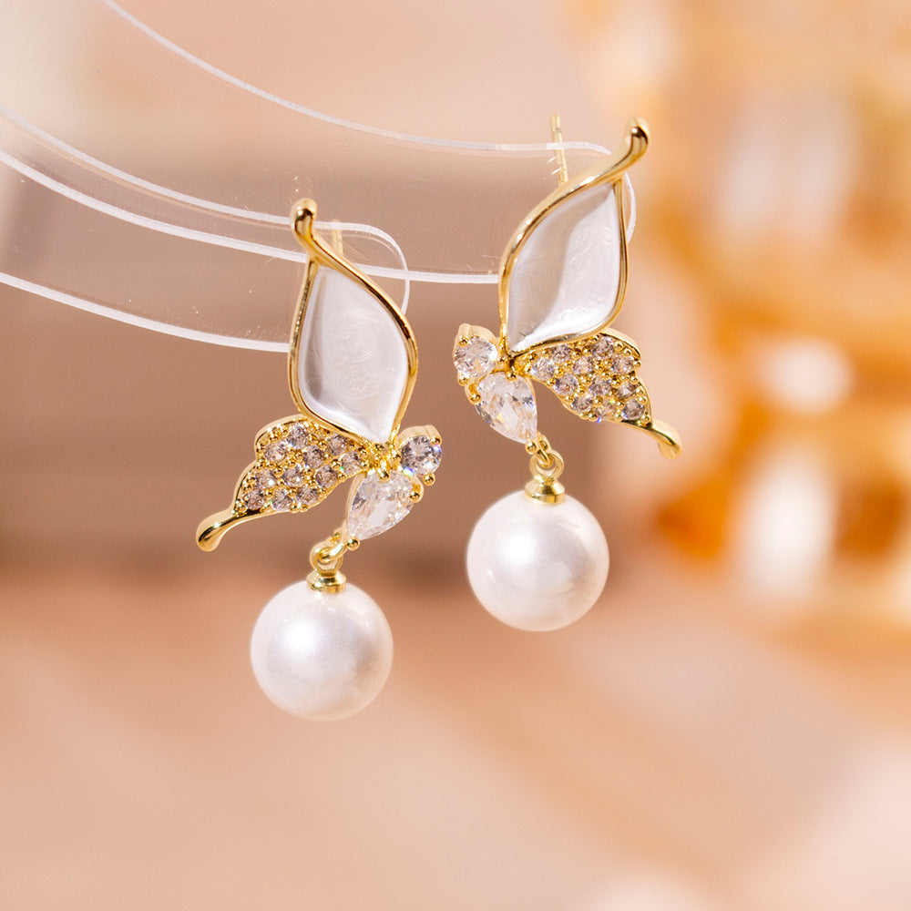 Wholesale Silver Needle High-grade Zircon Butterfly Pearl Earrings