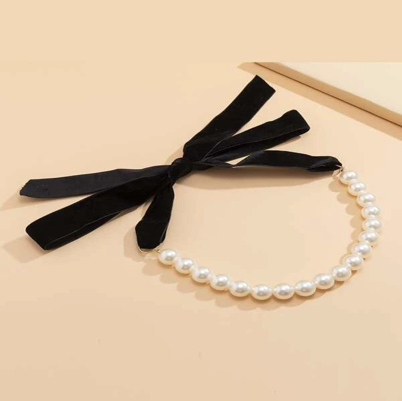 Wholesale  pearl black ribbon knot neck chain clavicle chain