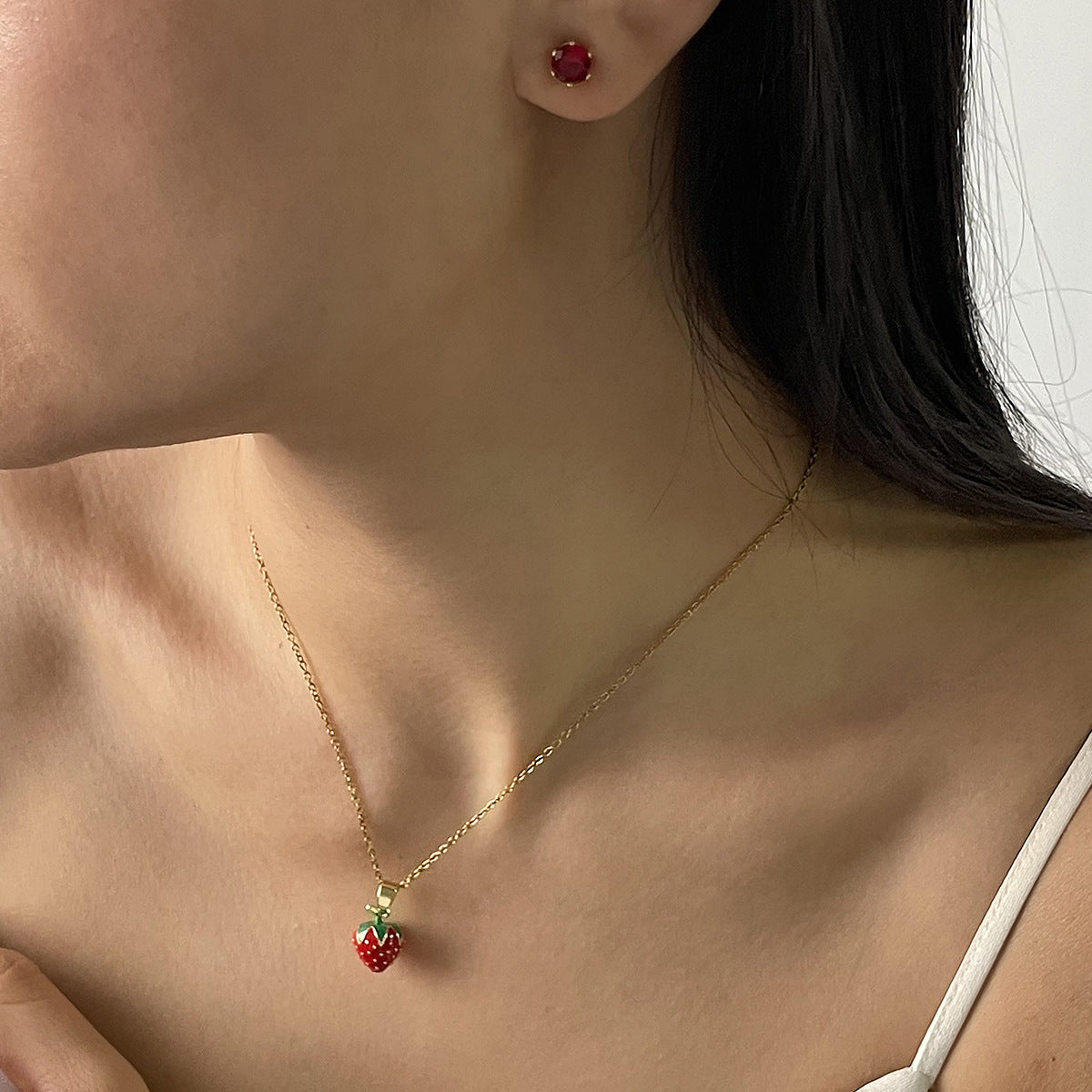Wholesale  Fruit Series Strawberry Cherry Oil Pendant Stainless Steel Earrings Necklace Jewelry suit