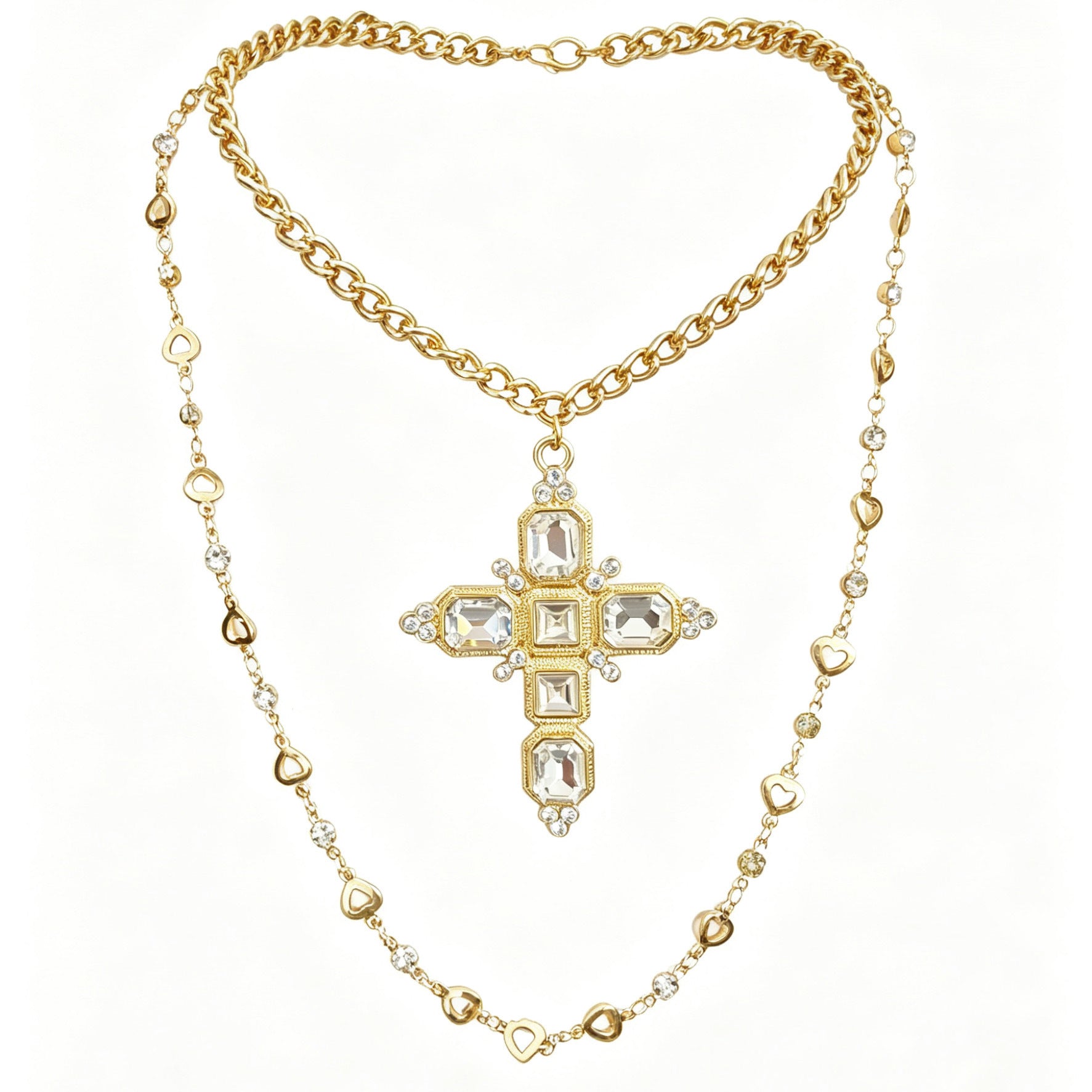 Wholesale Zinc Alloy Gold Electroplated Layered Chain Necklace Cross Pendant Rhinestone Fashion Jewelry Accessory for Women Everyday Gift