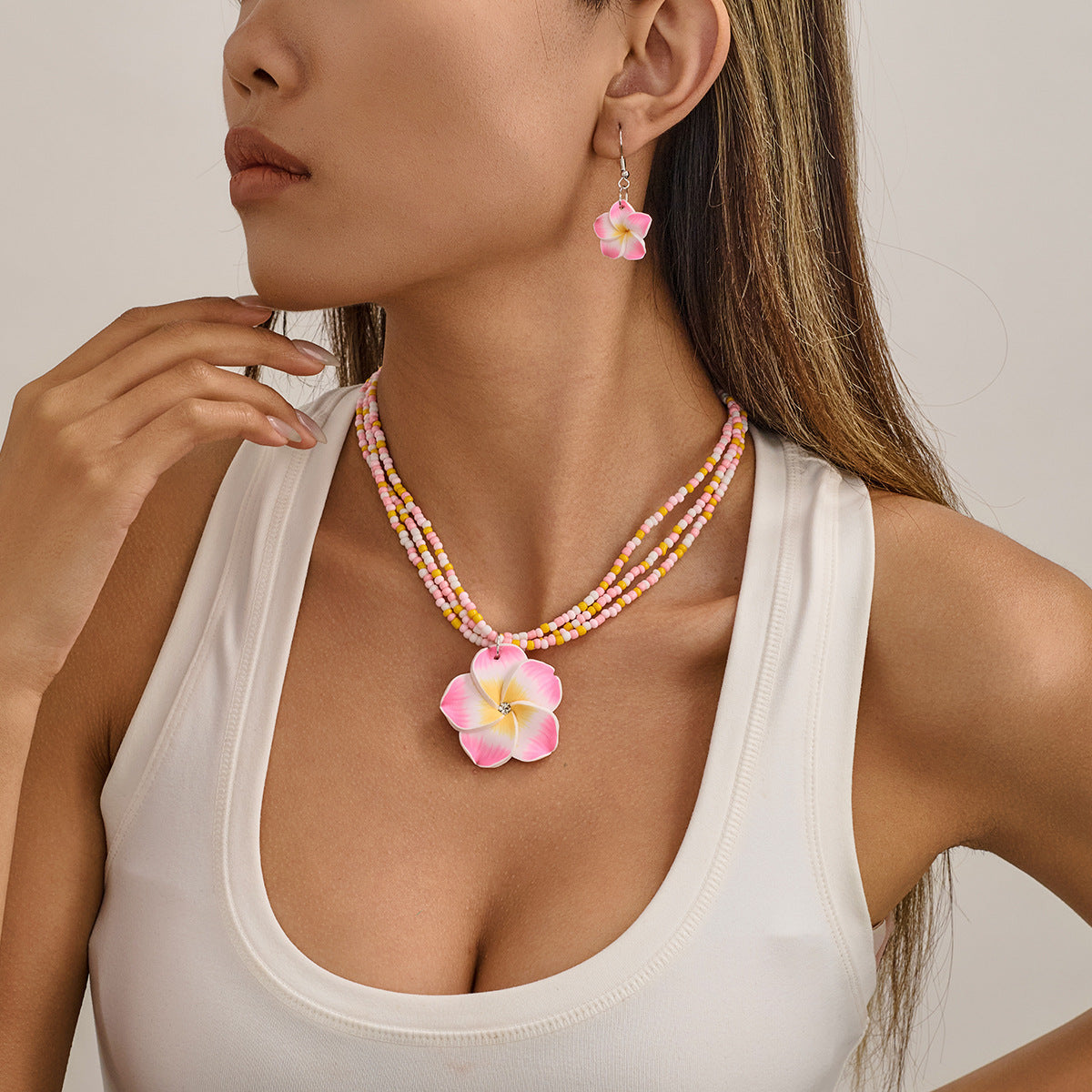 Wholesale Handmade Bohemian Soft Clay Flower Jewelry Set With Seed Beads Earrings And Necklace Vacation Fashion Accessory