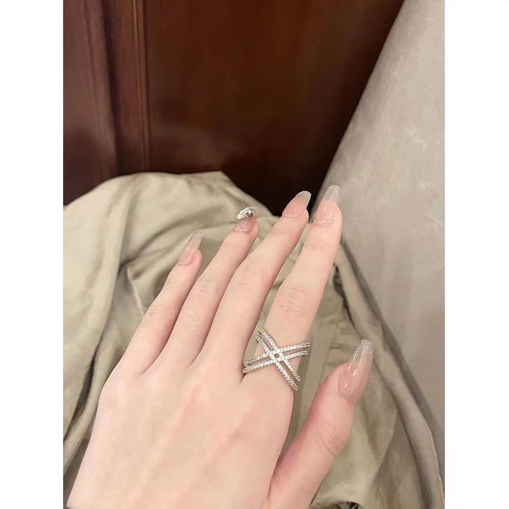 Wholesale Silver Diamond Zircon Cross Light Luxury Adjustable Ring