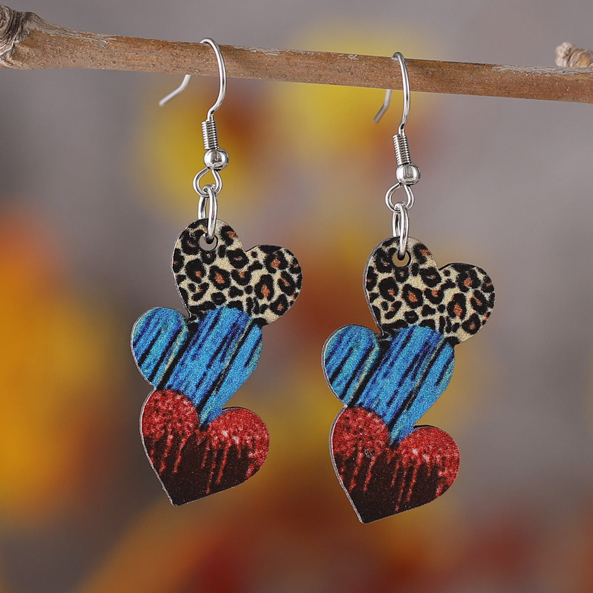 Wholesale Wooden Valentine' s Day Leopard Striped Heart Dwarf Dog Pendant Earrings