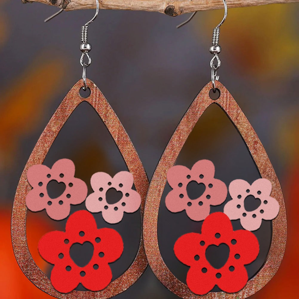 Wholesale  retro style artistic drop-shaped hollow flower wooden earrings earrings