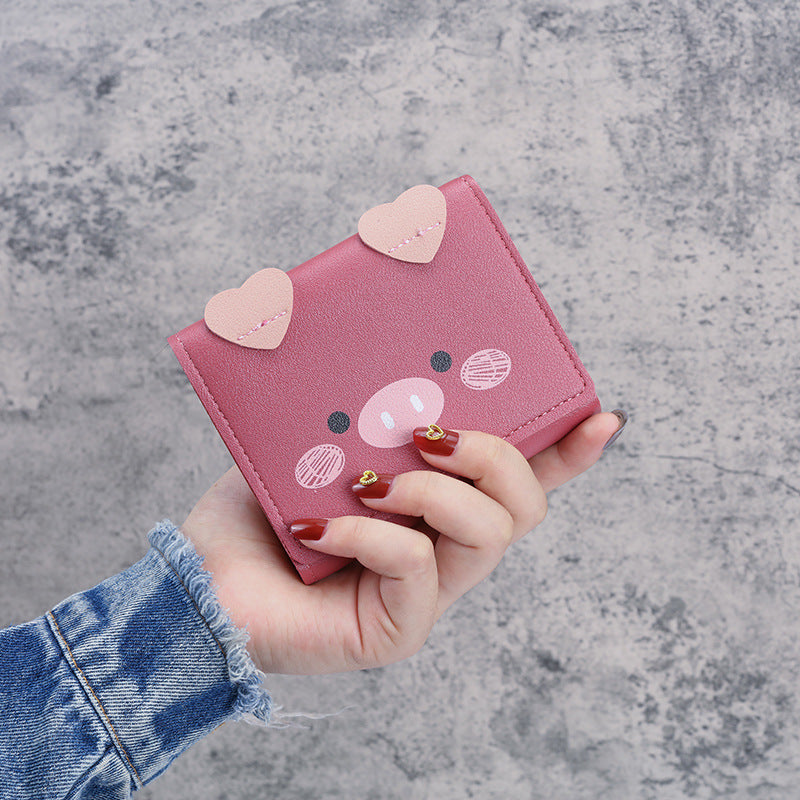 Wholesale PU Leather Cartoon Pig Print Tri Fold Wallet For Women Students Casual Daily Use