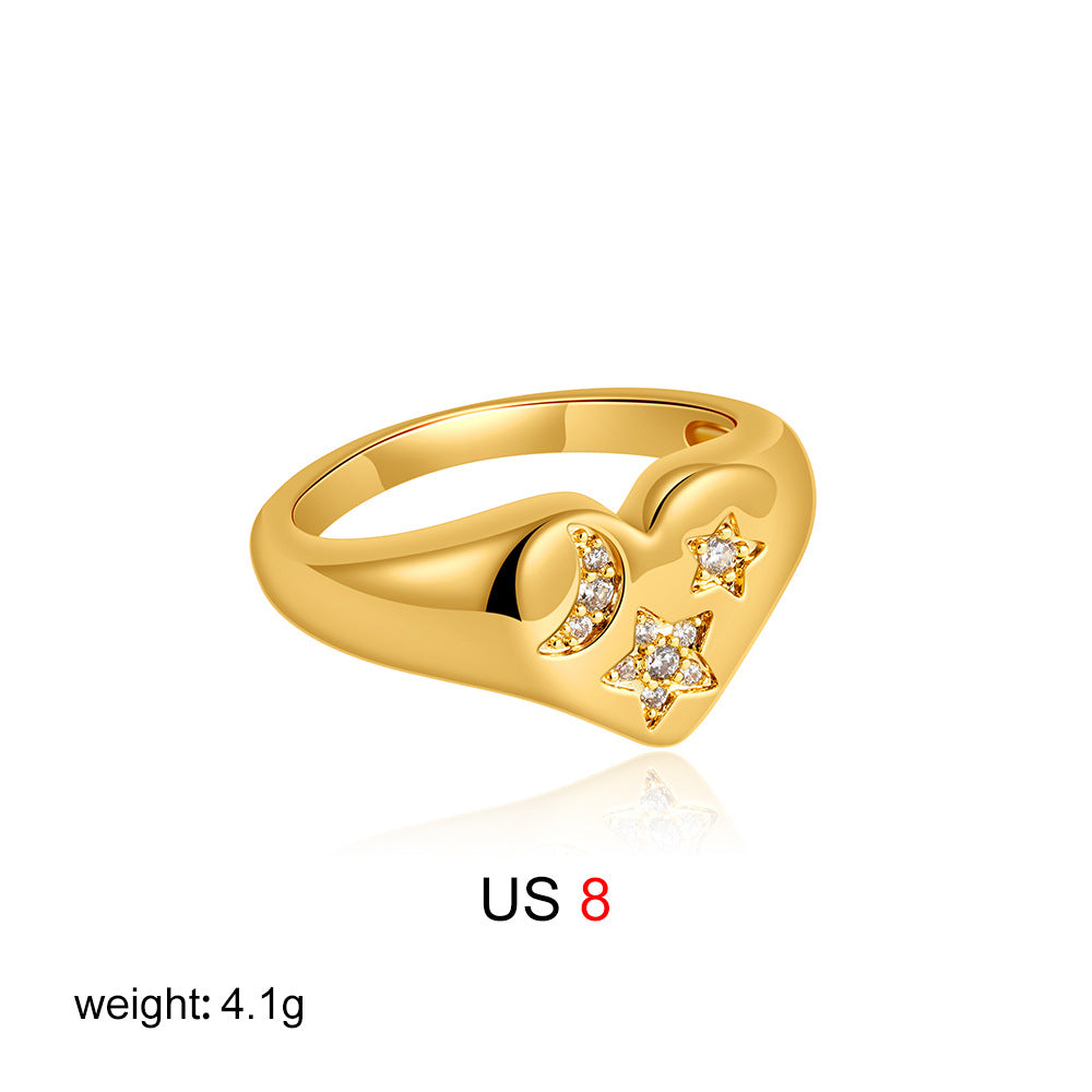 Wholesale  18K Gold Inlaid Zircon Love Ring Star Moon Tail Ring Double Heart-shaped Open Ring