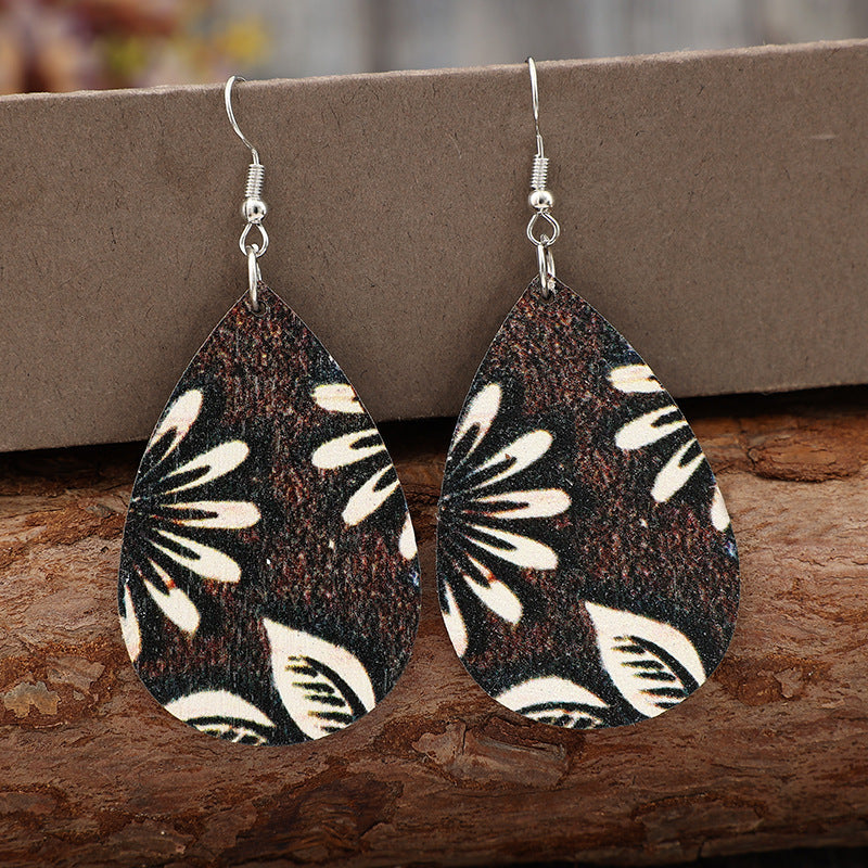 Wholesale Retro Water Drop Printed  Pendant Wooden Ladies Simple Earrings Earrings