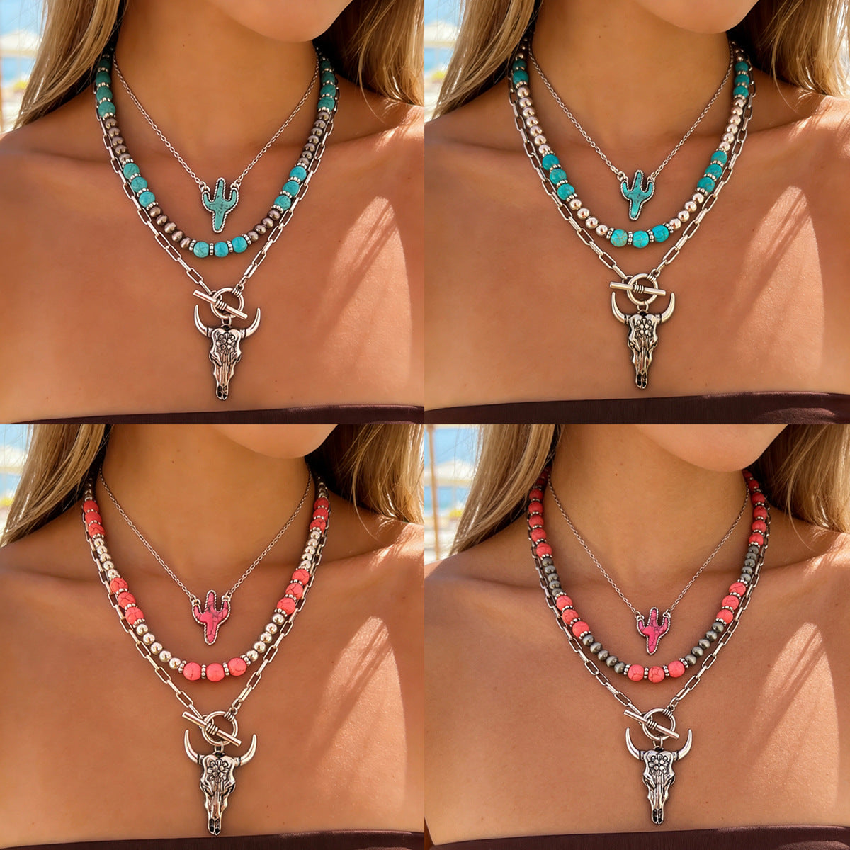 Wholesale Bohemian Layered Beaded Turquoise Necklace Set Western Cowboy Style Jewelry Accessory