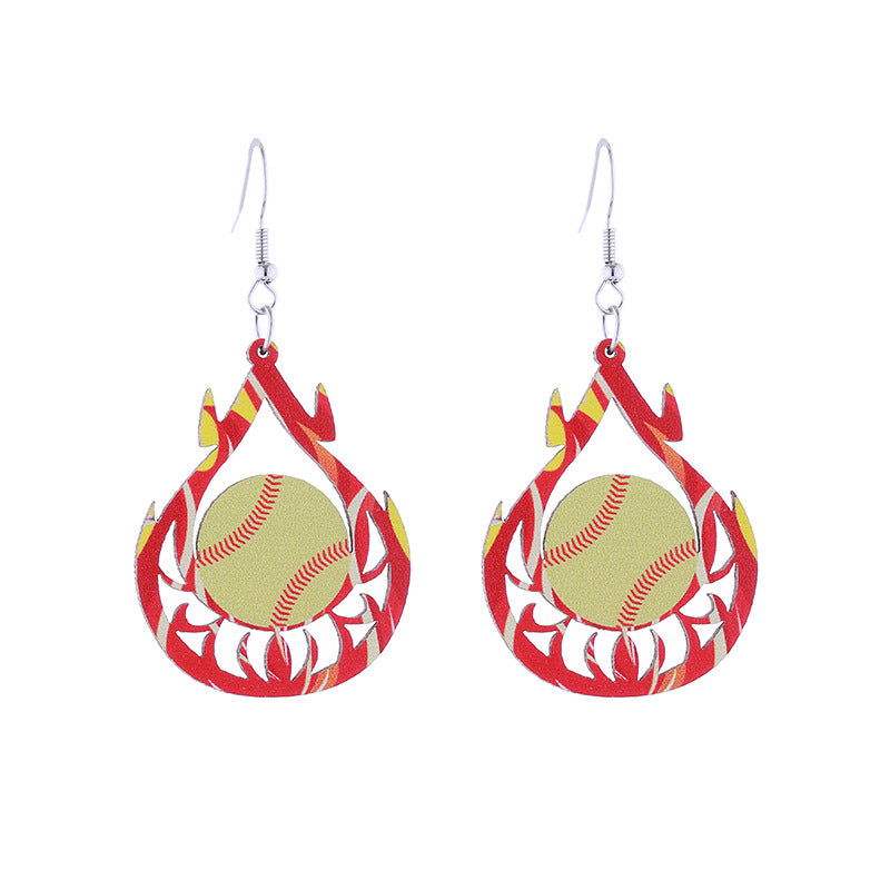 Wholesale Flame Super Rugby Baseball Sports Style Wooden Hollow Earrings