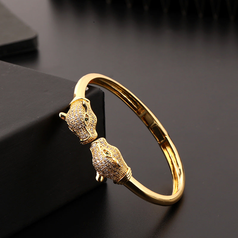 Wholesale Electroplated Copper Leopard Open Bangle With Zircon Trendy Hip Hop Style Jewelry Accessory For Everyday Wear