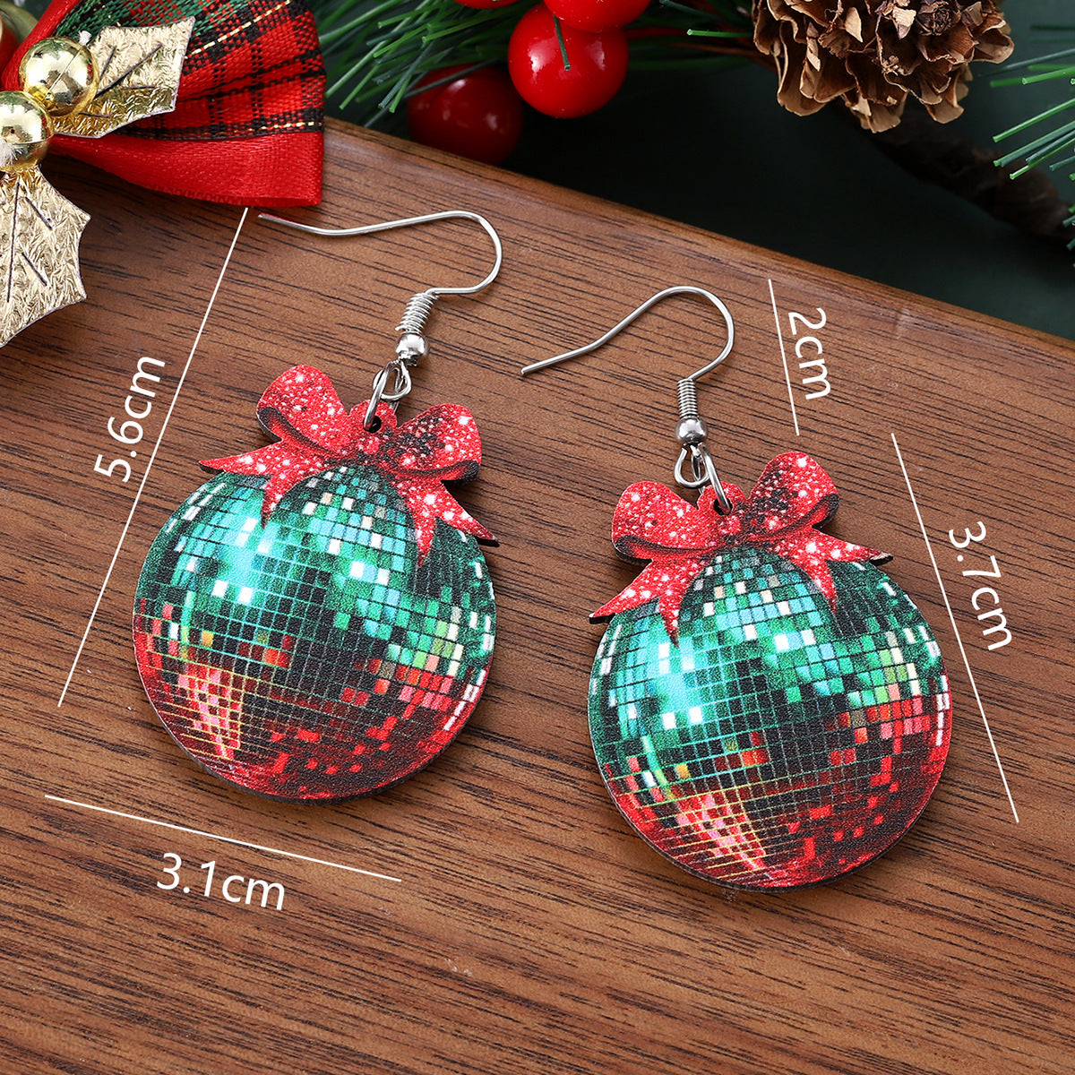 Wholesale Christmas and New Year bow traffic light ball pendant earrings wooden
