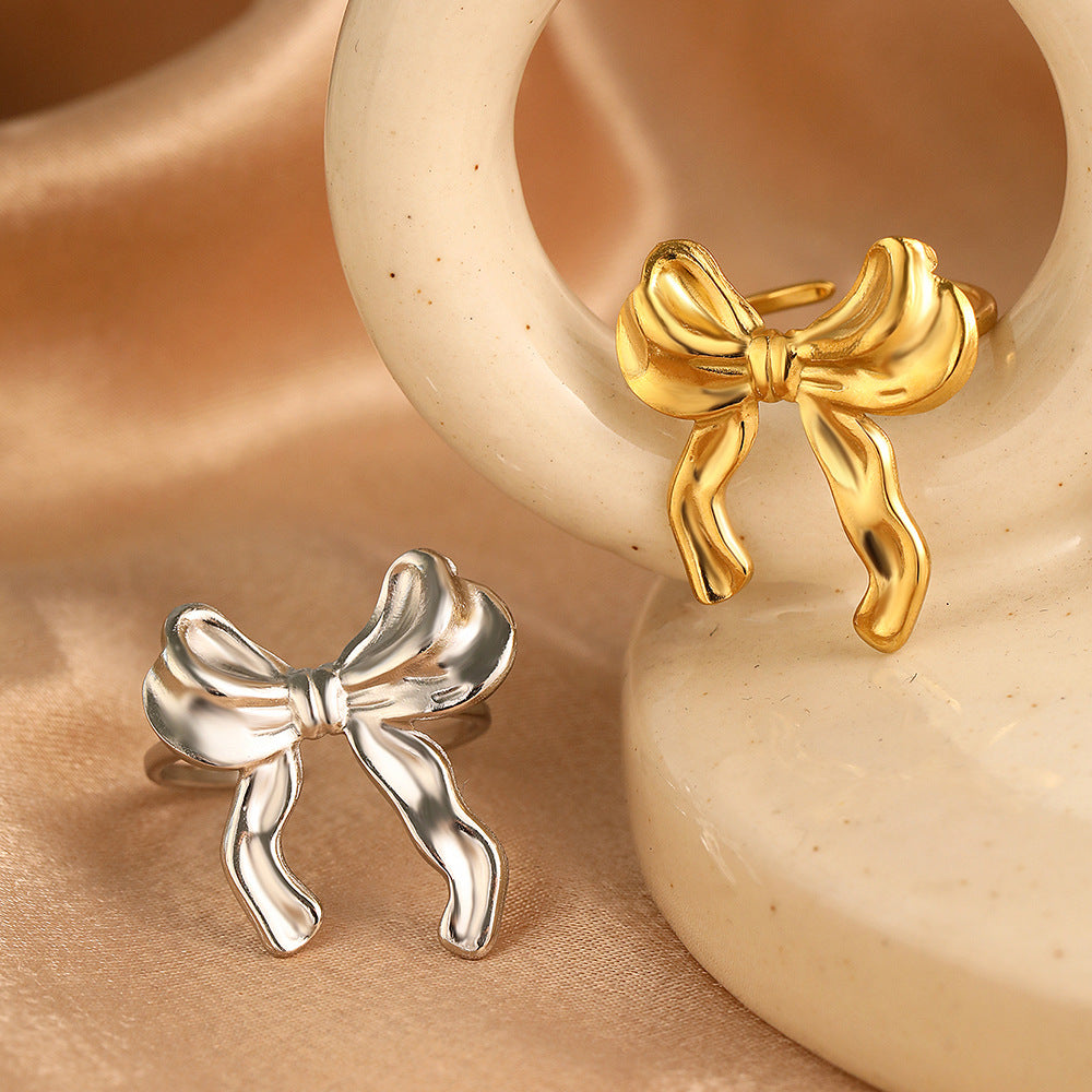 Wholesale Trendy 18K Gold Plated Stainless Steel Bow Ring For Women Simple Hand Polished Fashion Jewelry Accessory Gift Boutique Resale