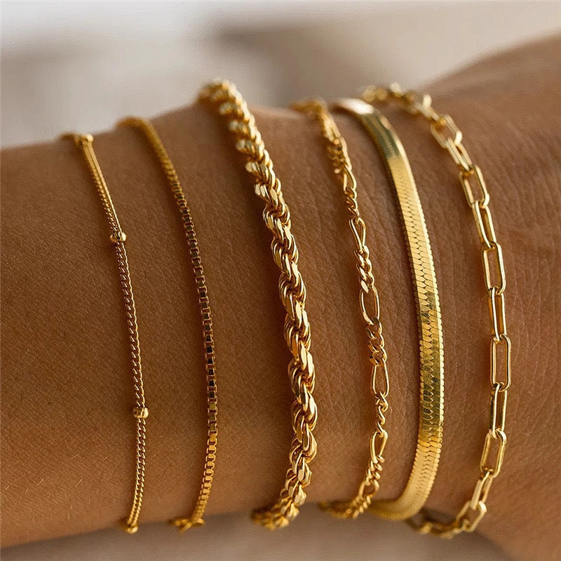 Wholesale 6Pcs Boho Minimalist Multi Layer Chain Bracelets For Women Electroplated Zinc Alloy Fashion Jewelry Accessory Great For Gift