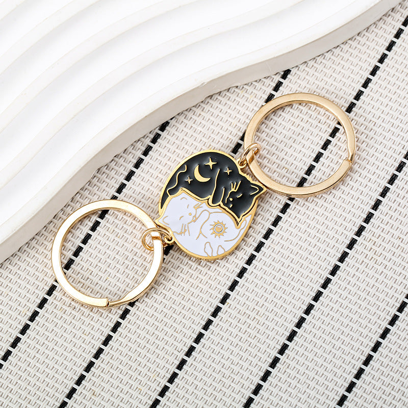 Wholesale Cartoon Sun and Moon Black and White Cat Stainless Steel Keychains ACC-KC-JinZhu016