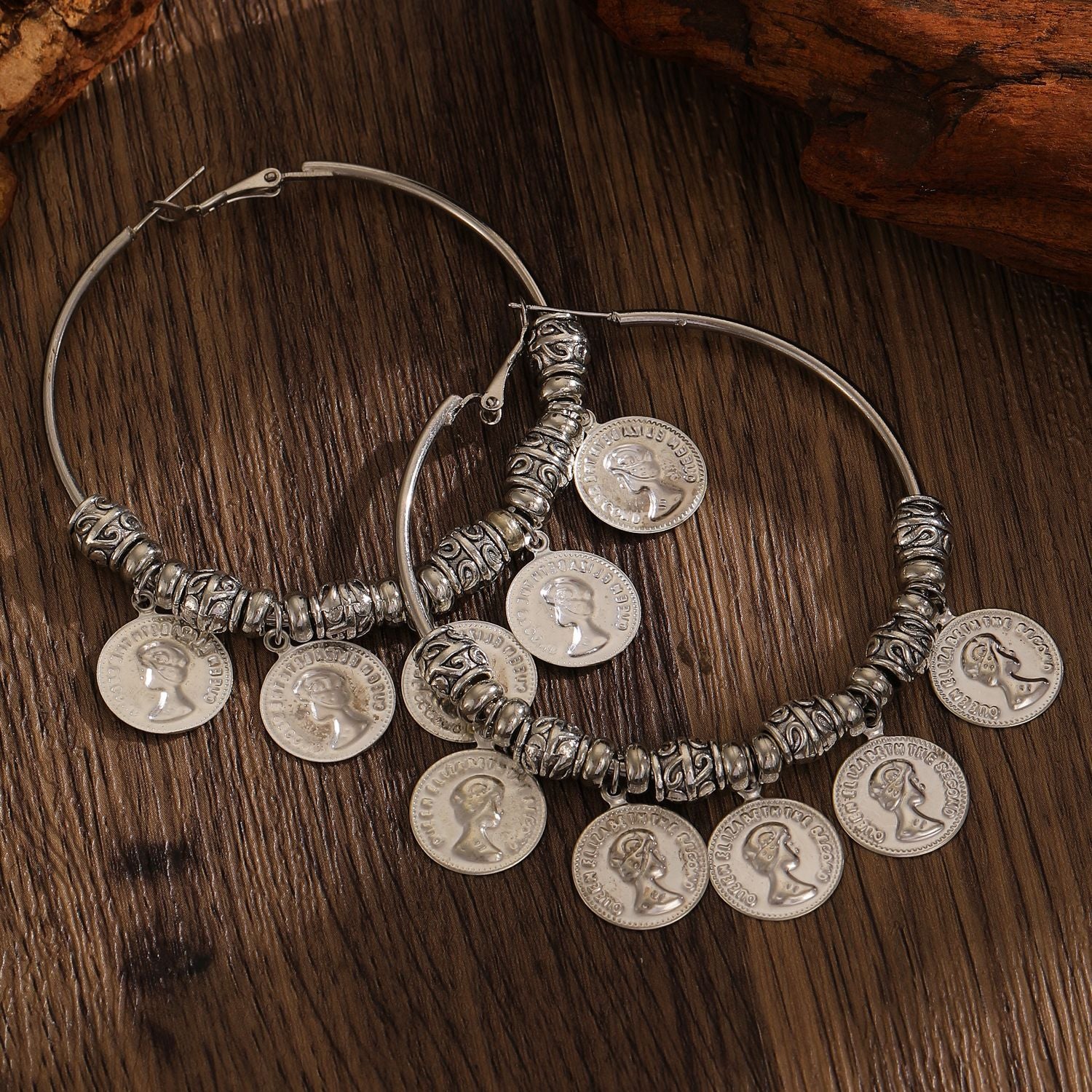 Wholesale Bohemian Vintage Retro Face Relief Large Hoop Earrings For Women Alloy Electroplated Ethnic Style Jewelry Accessory Ancient Silver Finish