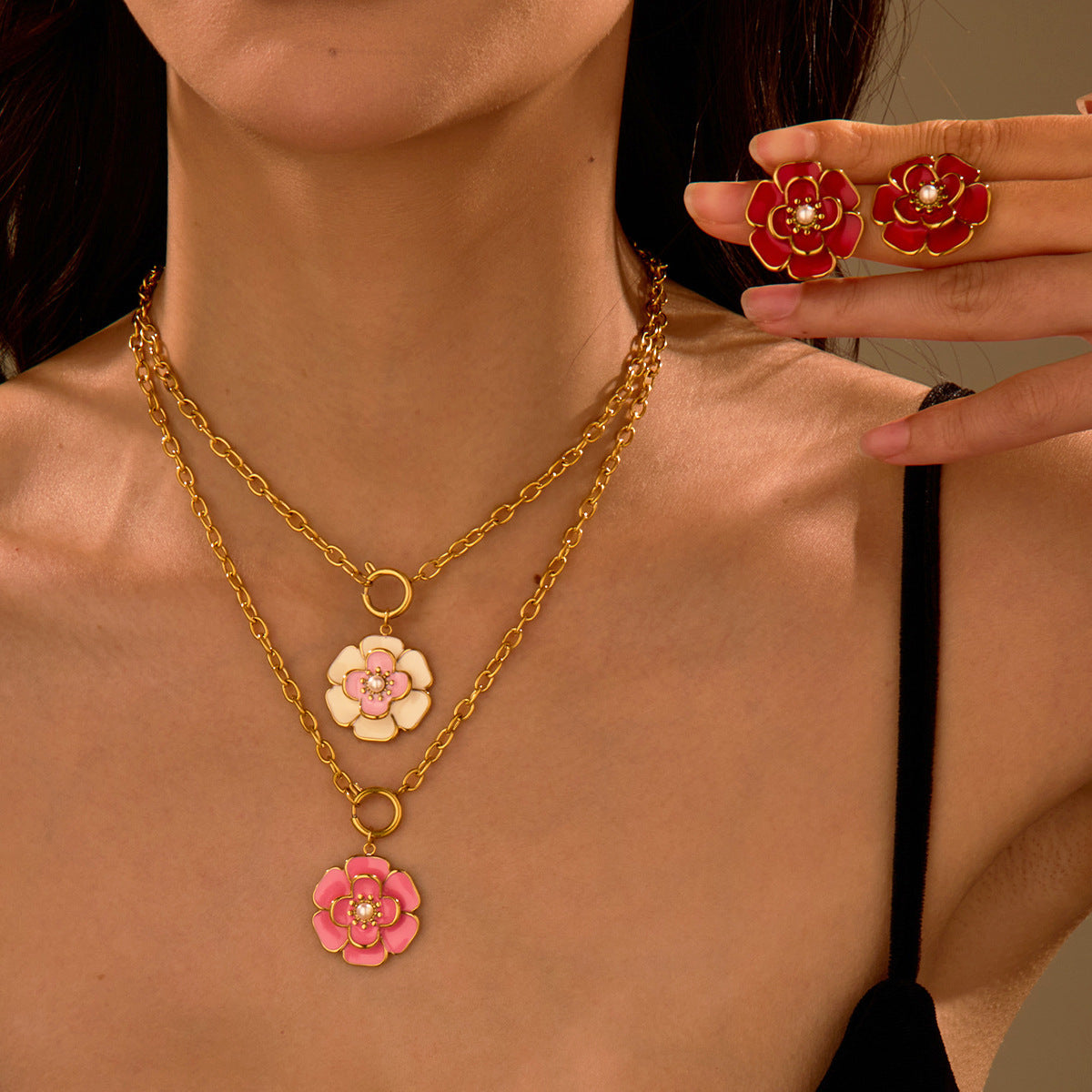 Wholesale  camellia oil drop flower necklace stainless steel ring earrings