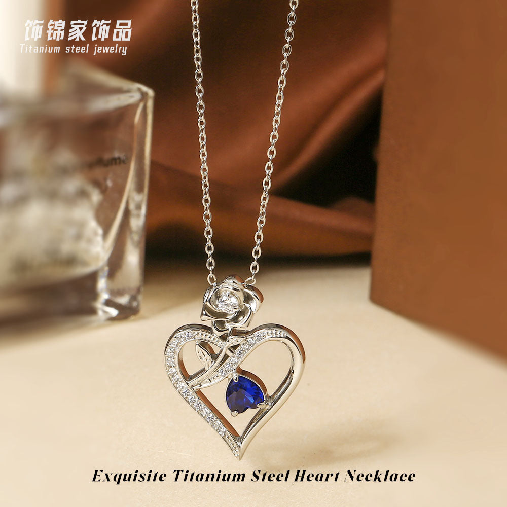 Wholesale Mother' s Day Titanium Steel Heart-Shaped Pendant Necklace with Zircon Inlay