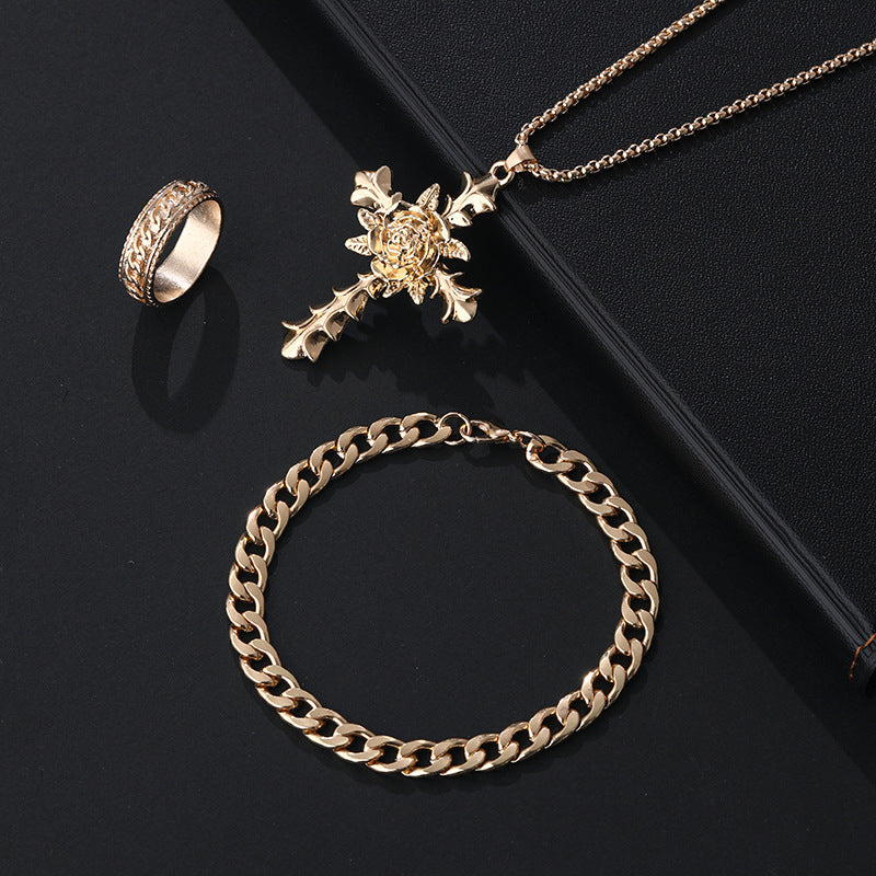 Wholesale Stylish Black Cross Crown Roman Numeral 3 Piece Jewelry Set Necklace Bracelet Ring Fashion Accessory Gift