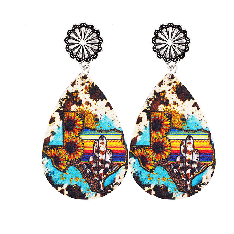 Wholesale Western Denim distressed style sunflower leopard leather earrings