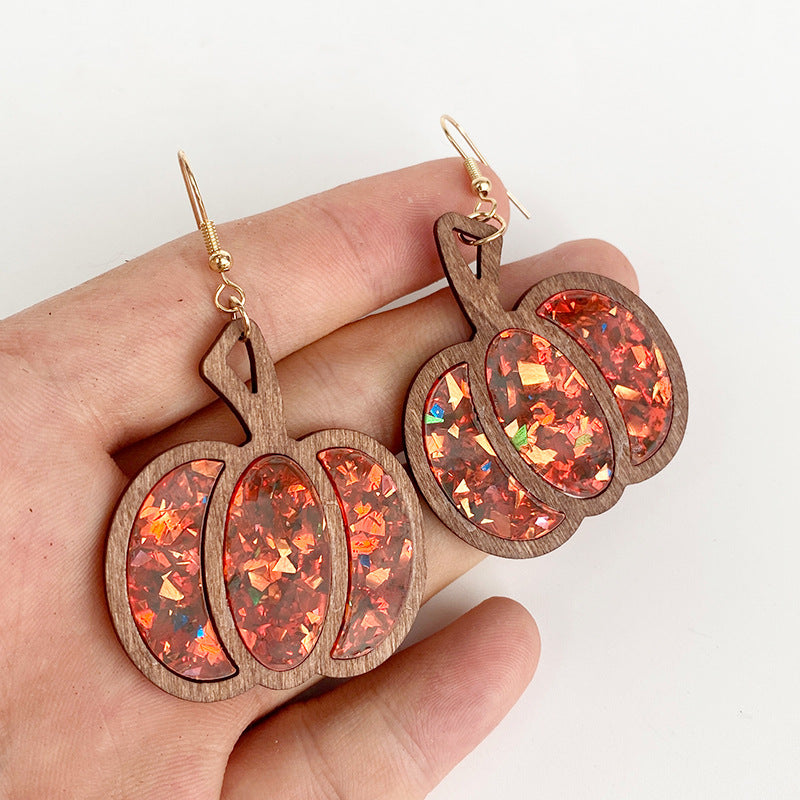 Wholesale Halloween Pumpkin Wood Inlay Acrylic Hollow Earrings ACC-ES-XinChuan053