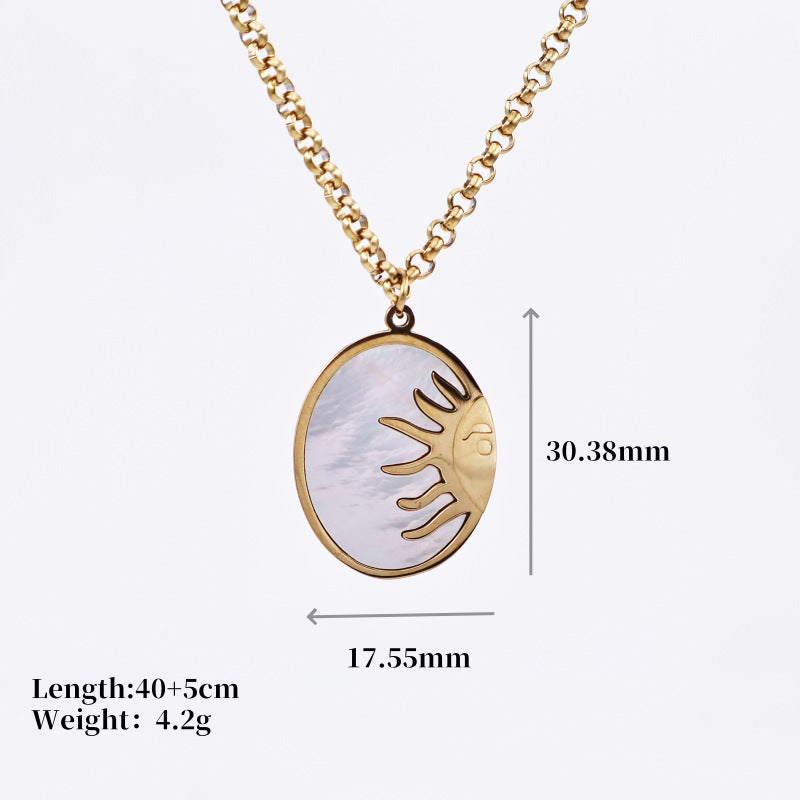 Wholesale Titanium Steel Oval Sun Necklace Natural Shell Inlaid Pendant Necklaces