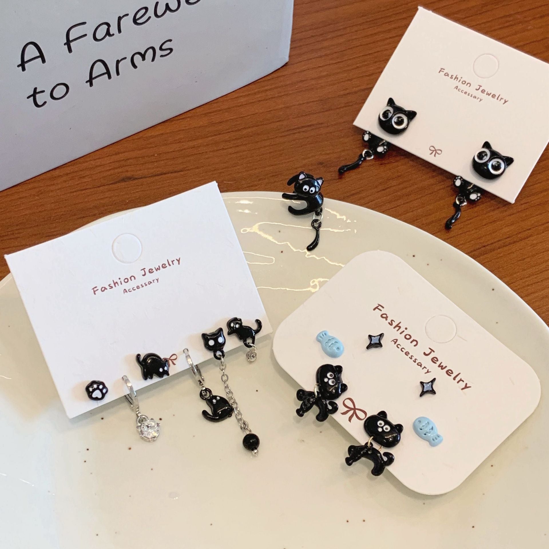 Wholesale Trendy Black Cat Earring Set,  Cute Cat Tail Design,  Silver Needle,  Zinc Alloy Drip Oil,  Everyday Jewelry Accessory