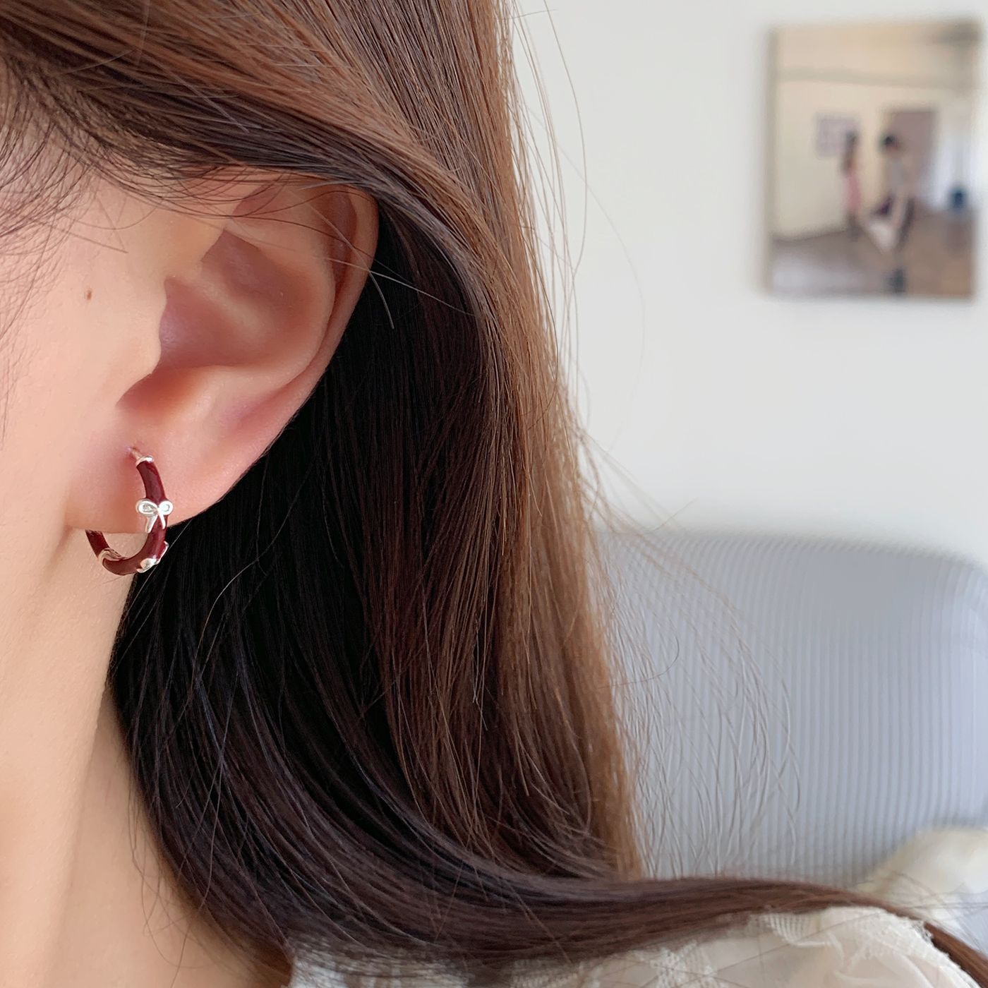 Wholesale retro Ankara red heart bow earrings  silver needle exquisite sweet high-end earrings