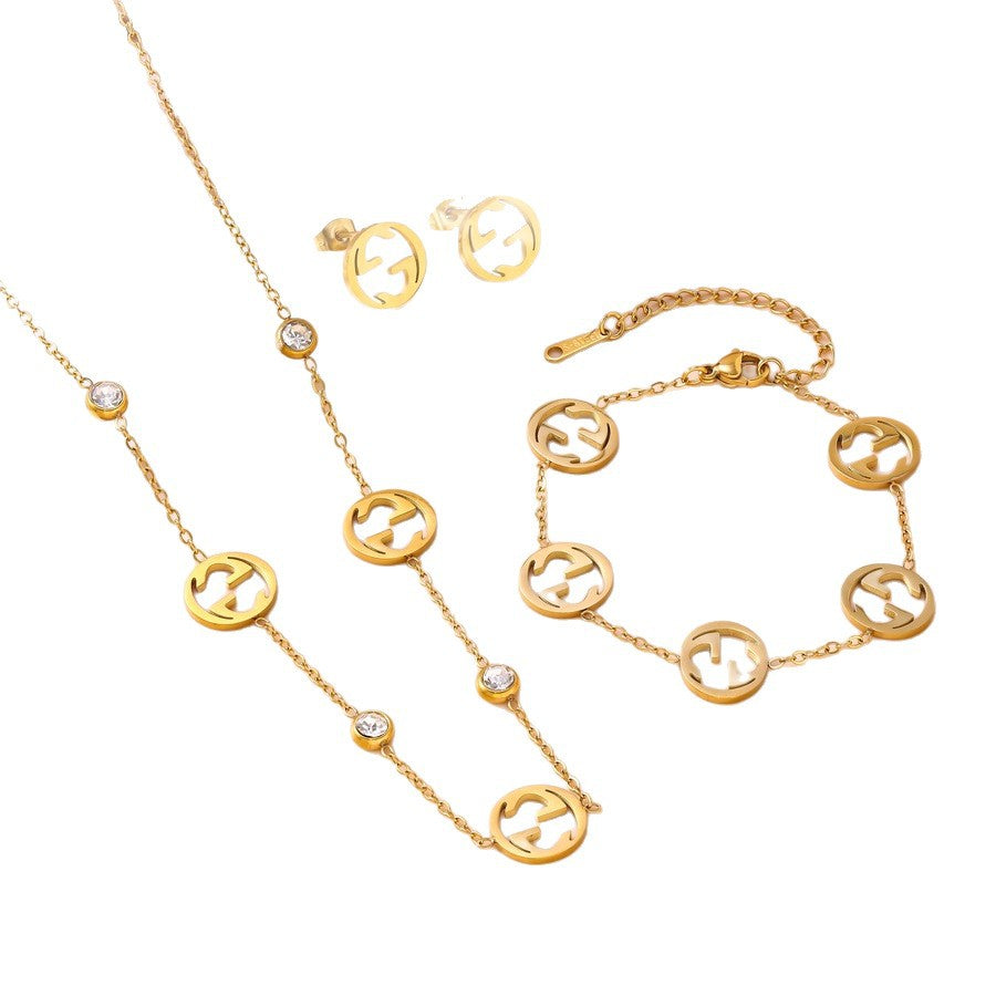 Wholesale Hollow Double G Letter Jewelry Set Zircon Stainless Steel Party Wear