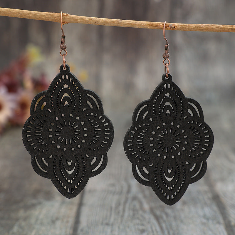 Wholesale  retro ethnic style carved pattern long wooden earrings