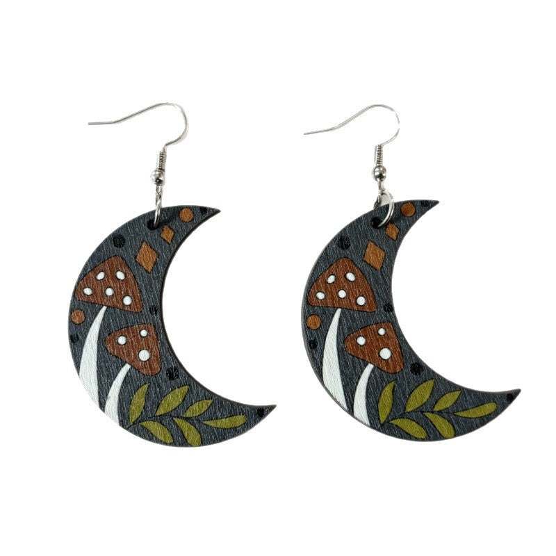 Wholesale Retro Moon Flower Wooden Earrings Printed Leaf Design Fashion Jewelry Accessory For Boutique Resale Gift