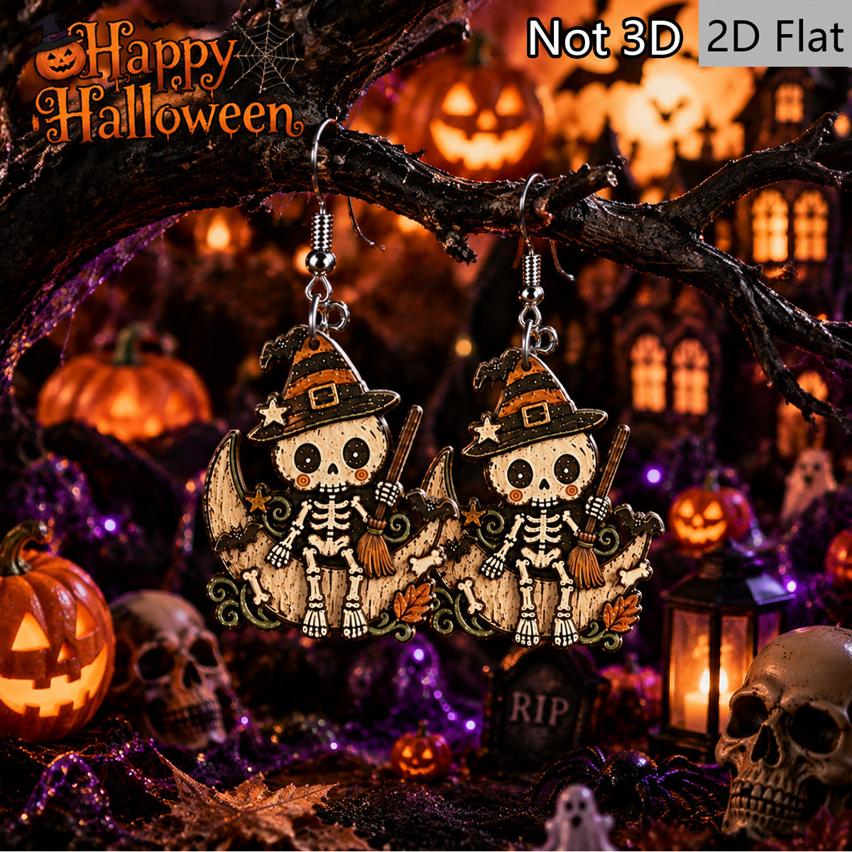 Wholesale  Wooden Earrings Witch Hat Skull Moon Broom Design Fashion Party Accessory For Gift And Boutique Resale