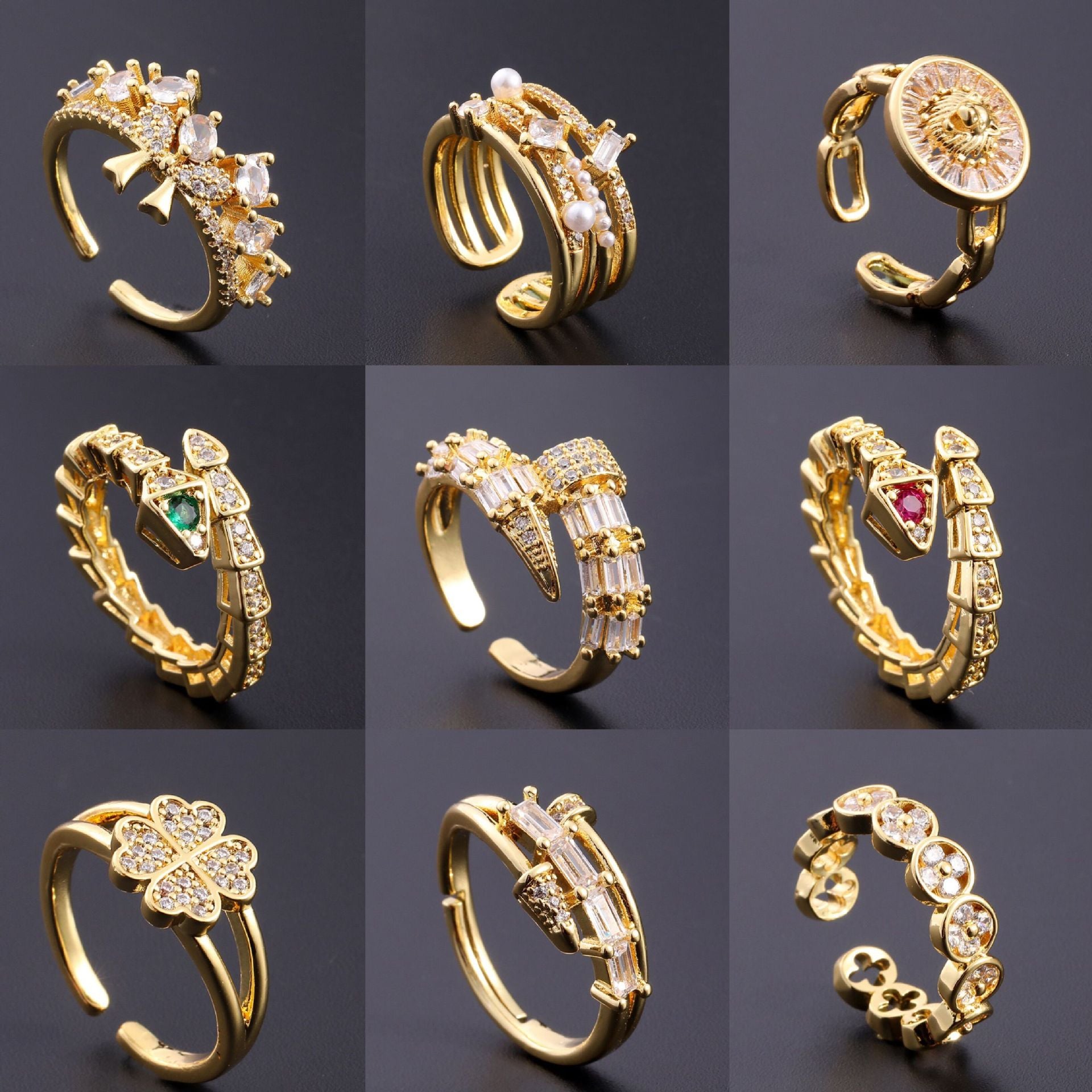 Wholesale European Fashion Sparkling Gold Plated Copper Zircon Open Ring Geometric Chic Jewelry Accessory Gift