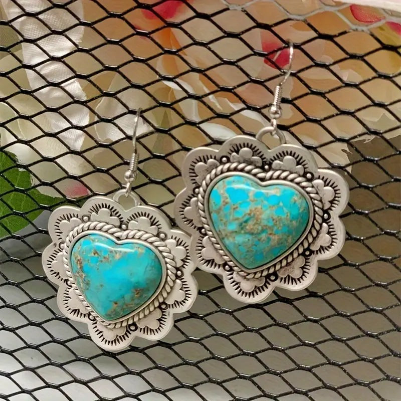 Wholesale Retro Inlaid Heart-Shaped Turquoise Earrings