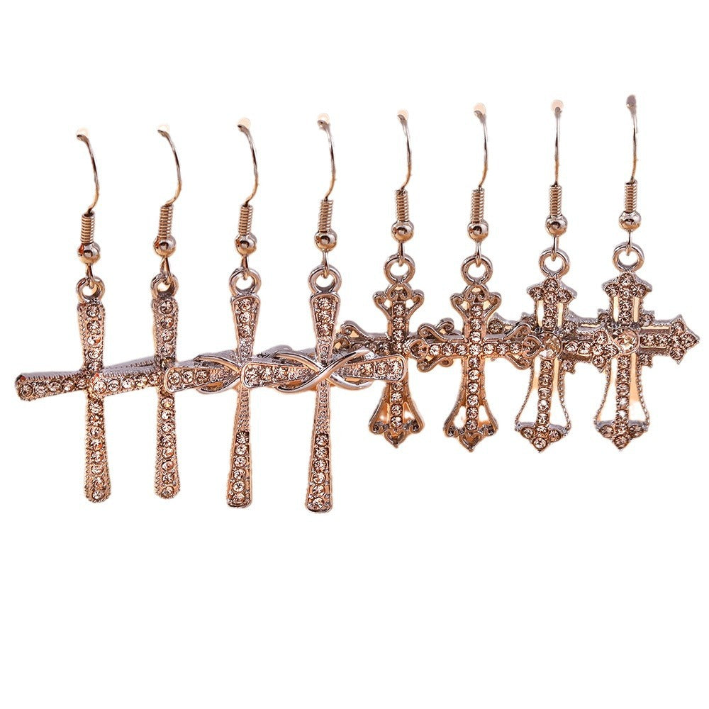 Wholesale jewelry fashion retro cross earrings suit diamond silver ear hook earrings