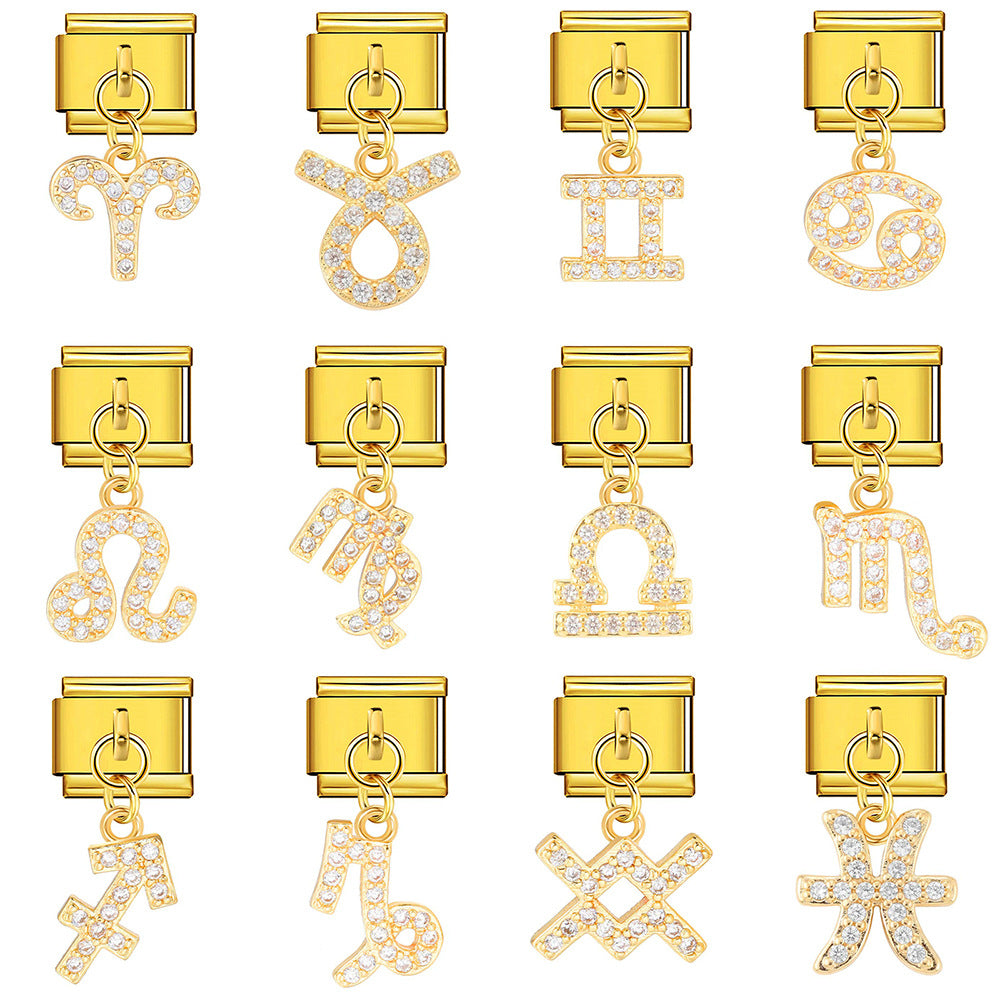 Wholesale 12 Zodiac Signs Rhinestone Pendant Bracelet Stainless Steel Fashion Jewelry Accessory Gift For Boutique Resale