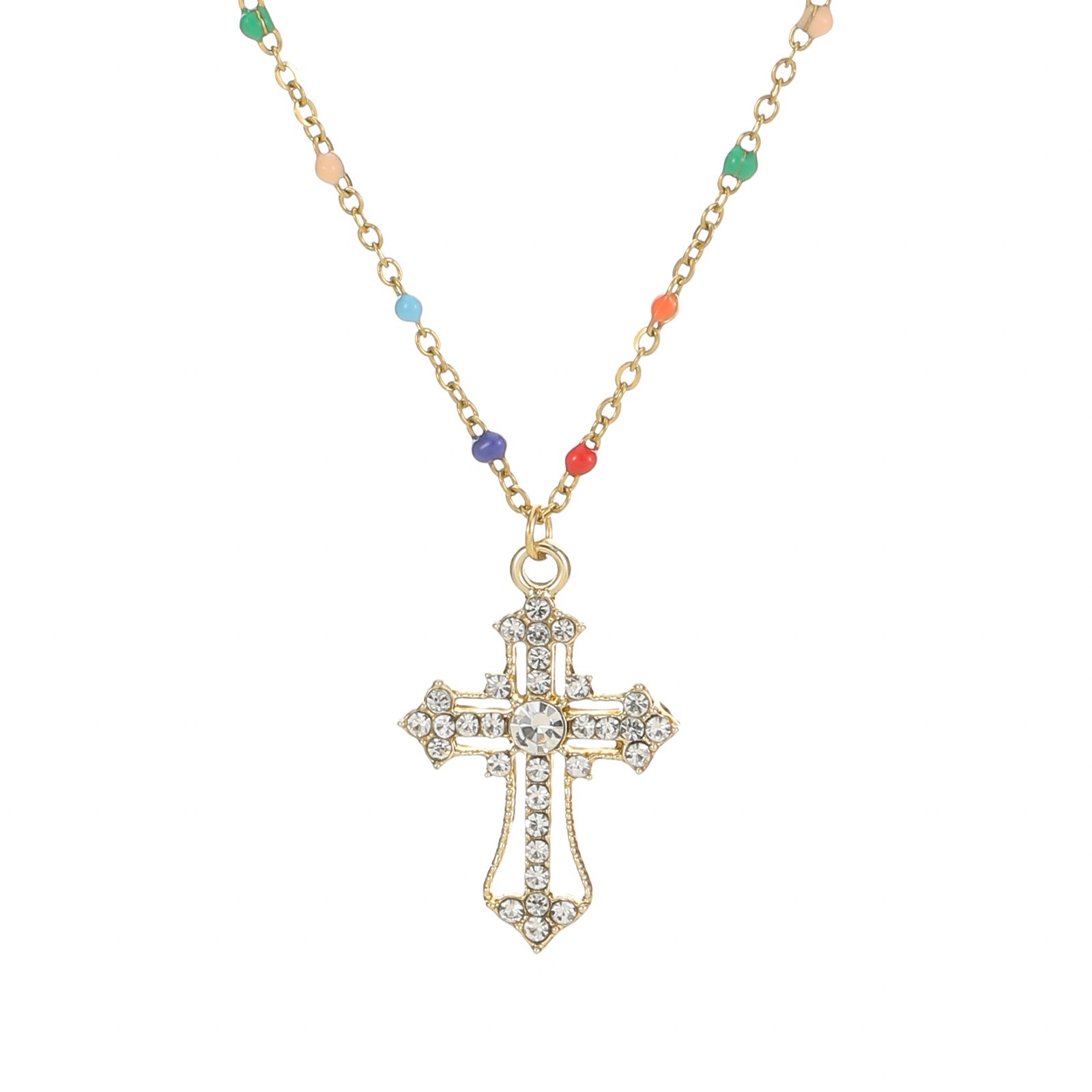 Wholesale  stainless steel mixed color bead chain diamond simple cross necklace