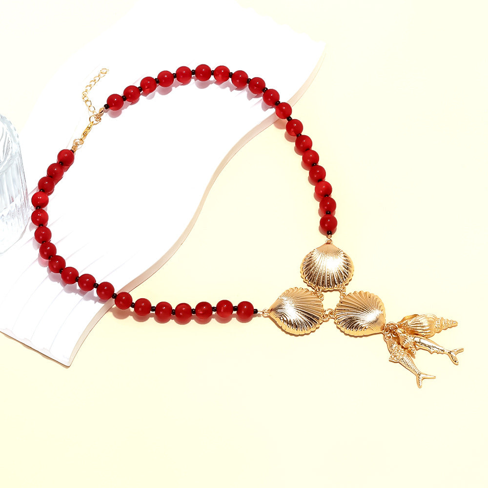 Wholesale Beaded Alloy Shell Tropical Fish Ear Pendant Chain  Marine Animal Necklace