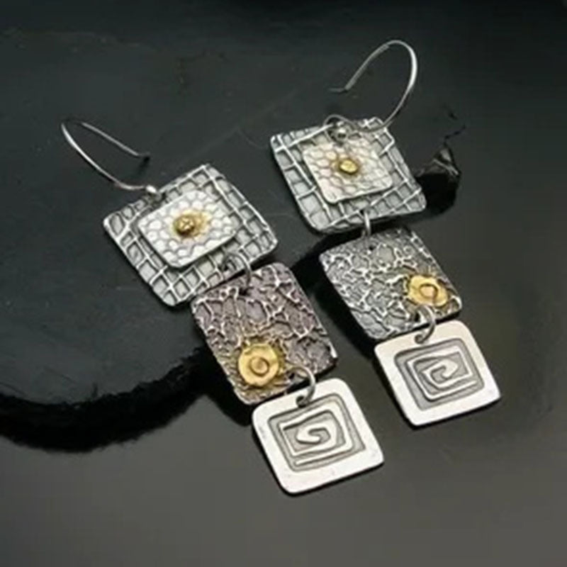 Wholesale  tribal geometric carved square metal earrings