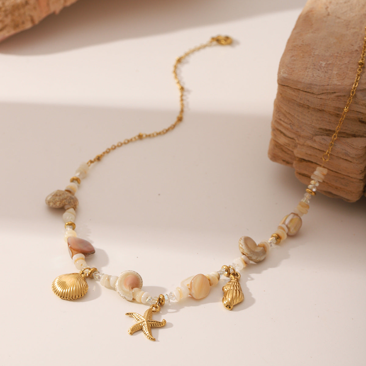 Wholesale Summer Beach Bohemian Design Starfish Shell Stitching Titanium Steel Necklace